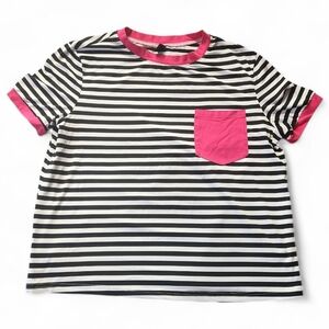 SHEIN Black & White Striped Tee with Hot Pink Trim and Pocket